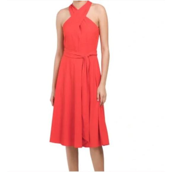 Tahari Red Crepe Knit Twist Halter Neck Cocktail Party Dress Women Sz 2 - Picture 1 of 12